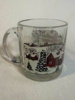 Libbey Glass Christmas Mug 12oz Vintage 1970s Winter Village Holiday Snow USA